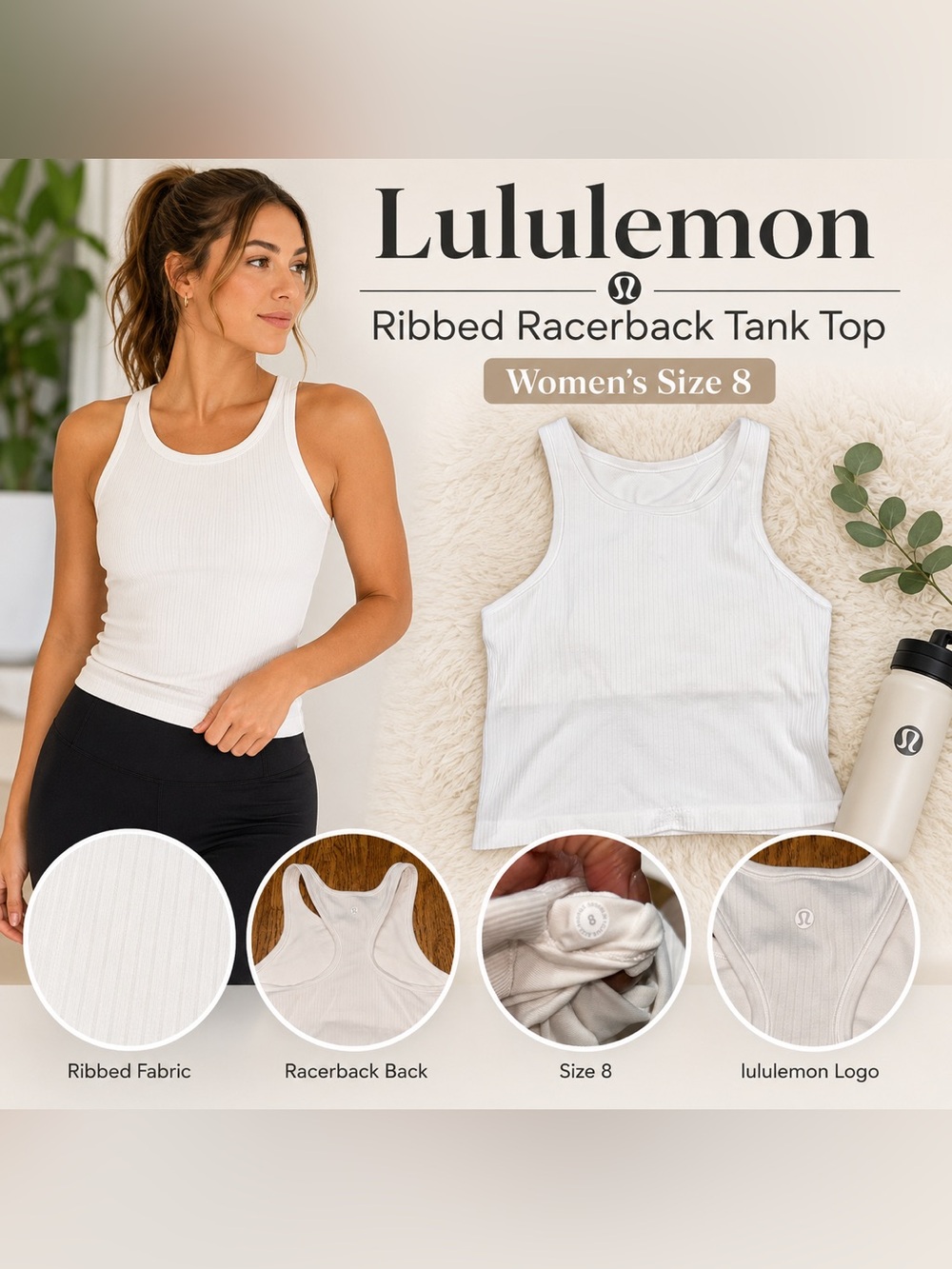 Lululemon Ribbed Racerback Tank Top White Women’s Size 8